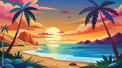 Summer sunset. Evening seaside beach. Sunrise coast with palm. Tropic seascape, exotic cartoon illustration. Tropical vacation and travel