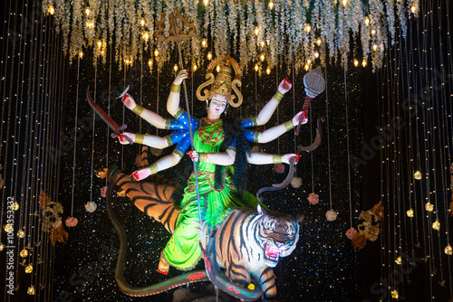 A beautiful idol of Maa Durga being worshipped at a pandal during Navratri. Navratri is biggest religious festival of Hinduism photo