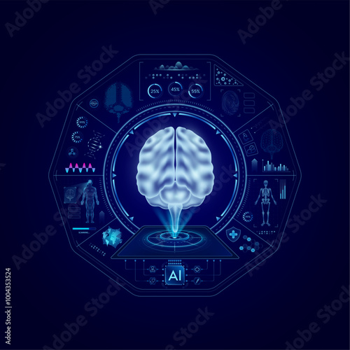 Health care medical technology. Human brain on CT or MRI Scan. Ultrasound analysis organ. Diagnosis treatment of magnetic resonance radiologist concept. Hologram hi tech digital interface vector.