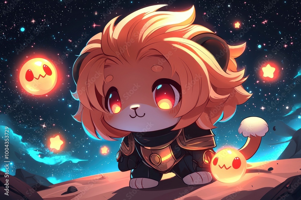 Cute Lion Character with Stars in Space Cute Lion Character with Stars in Space
