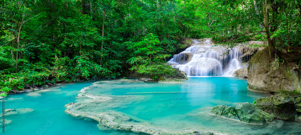 Beauty in nature, amazing waterfall in tropical forest of national park, Thailand	