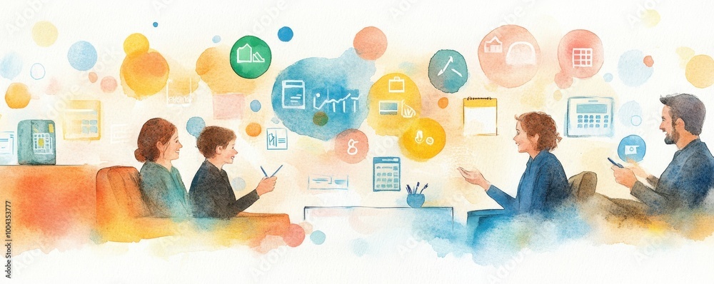 Obraz premium Family Discussion in a Living Room Watercolor Scene