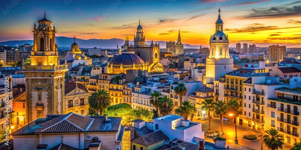 Fototapeta premium Stunning Valencia Skyline at Dusk with Historical and Modern Architecture Illuminated at Night