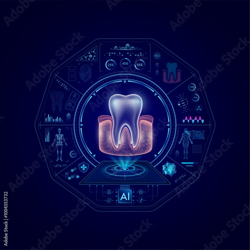 Health care medical technology. Gum teeth on CT or MRI Scan. Ultrasound analysis organ. Diagnosis treatment of magnetic resonance radiologist concept. Hologram hi tech digital interface vector.