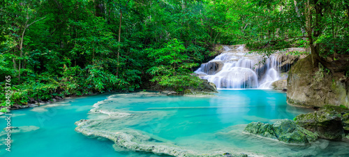 Fototapeta Naklejka Na Ścianę i Meble -  Beauty in nature, amazing waterfall in tropical forest of national park, Thailand	