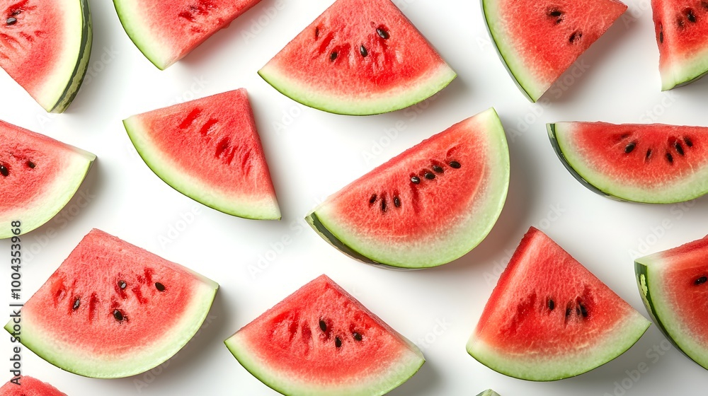 Freshly Sliced Watermelon on White Background with Vibrant Red Juicy Fruit Pieces Freshly Sliced Watermelon on White Background with Vibrant Red Juicy Fruit Pieces