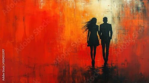 Silhouetted couple walking hand-in-hand against a vibrant backdrop.