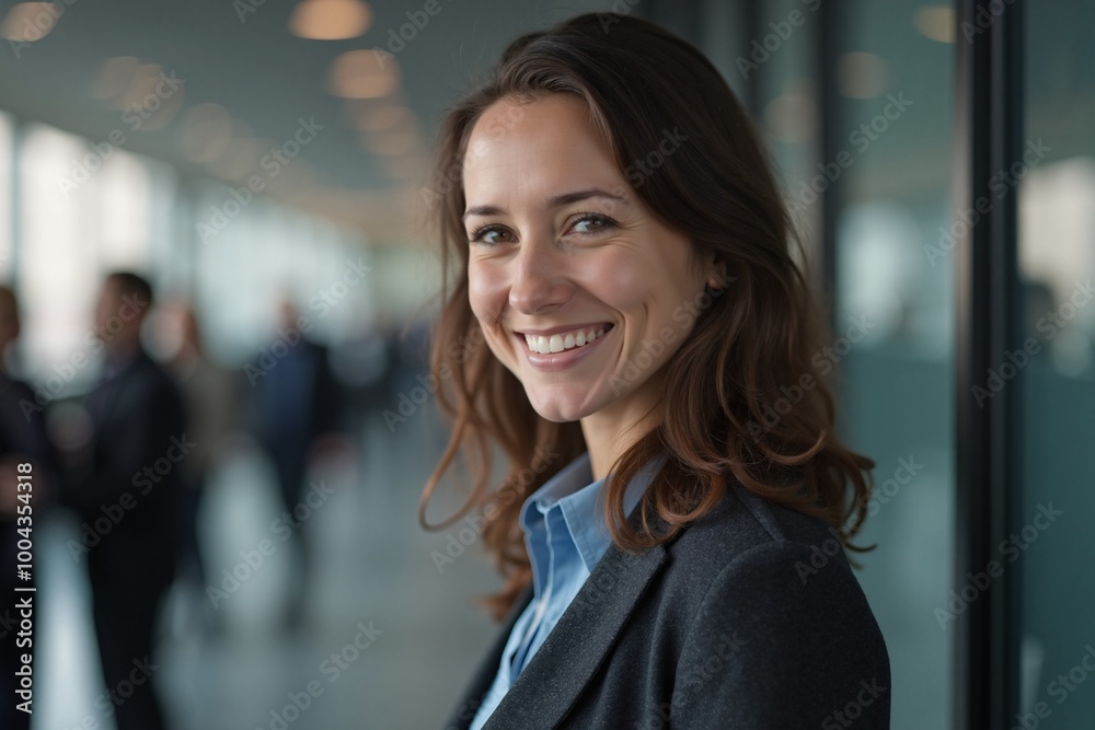 Cheerful businesswoman with radiant smile in modern office environment Cheerful businesswoman with radiant smile in modern office environment