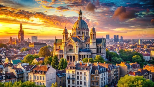 Stunning view of SacrÃ©-CÅ“ur Basilica in Brussels with a beautiful city skyline in the background photo