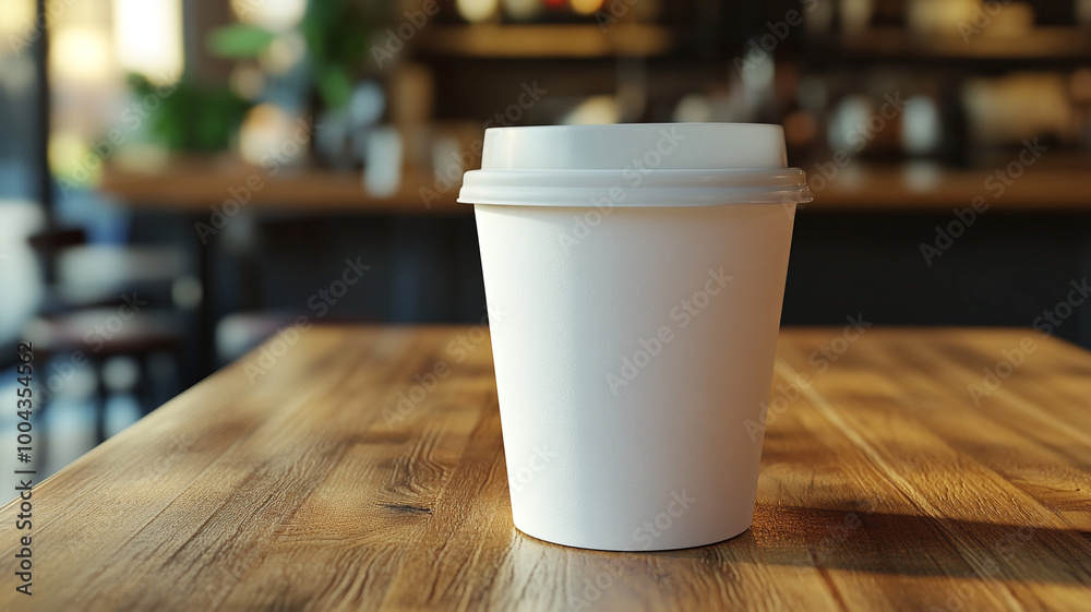 Close-up of a blank white paper coffee cup with a plastic lid on a wooden table in a cafe Close-up of a blank white paper coffee cup with a plastic lid on a wooden table in a cafe