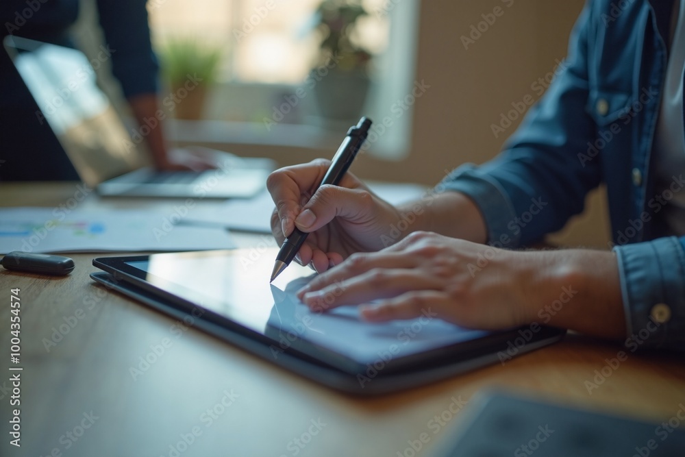 Person with focused concentration working on digital tablet against home office background Person with focused concentration working on digital tablet against home office background
