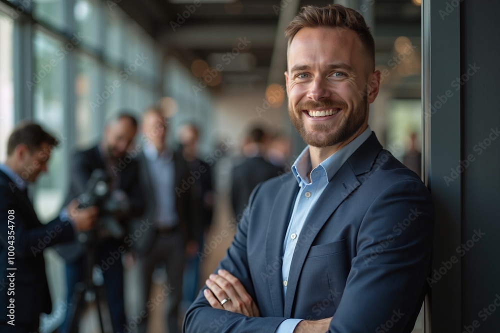 Fototapeta premium Confident businessman smiling brightly in office hallway against blurred colleagues