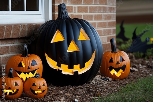 A haunted farmhouse with Halloween decorations, where jack-o'-lanterns light up the porch, and eerie shadows lurk in the windows