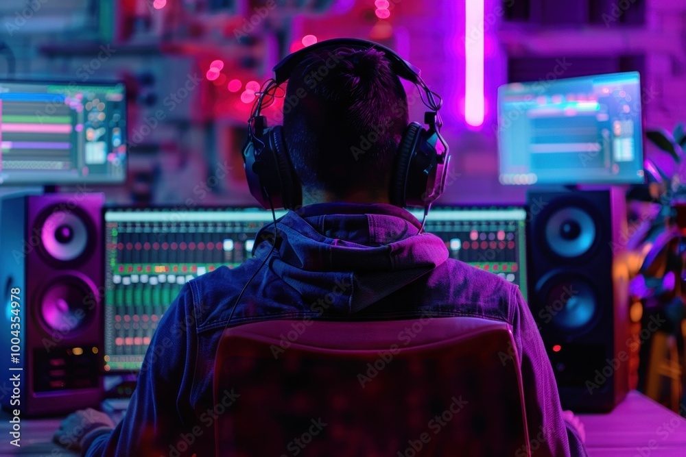 A person working in a modern music studio, wearing headphones and focused on multiple screens displaying sound editing software at night A person working in a modern music studio, wearing headphones and focused on multiple screens displaying sound editing software at night
