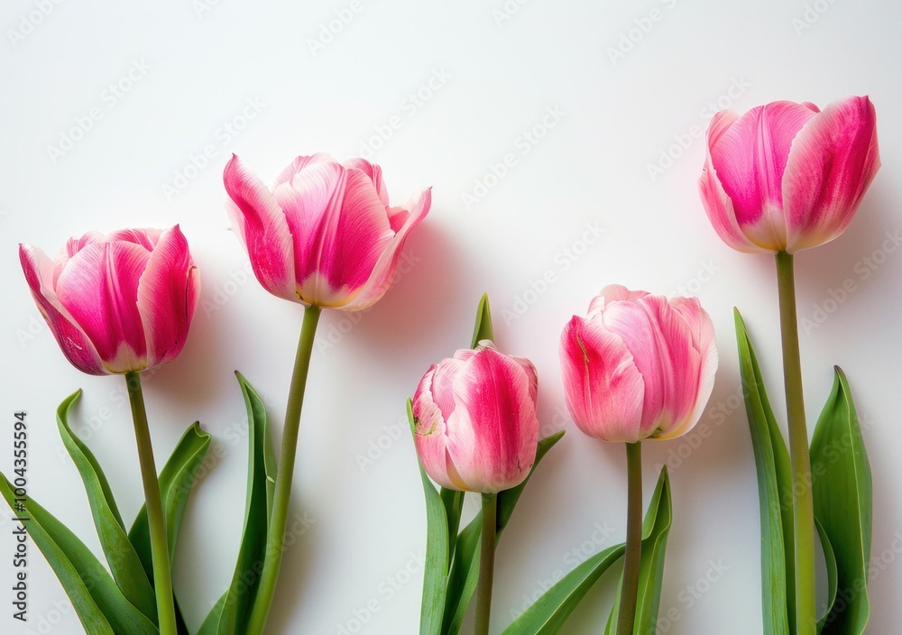 Five pink tulips with green stems arranged on a white background Five pink tulips with green stems arranged on a white background