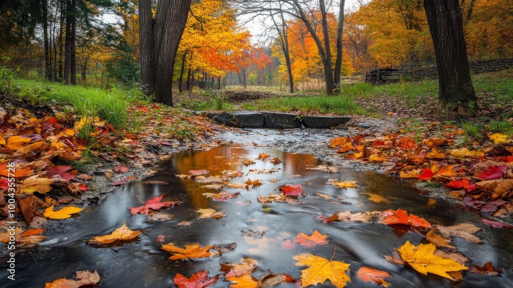 Tranquil Autumn Stream With Fallen Leaves Tranquil Autumn Stream With Fallen Leaves