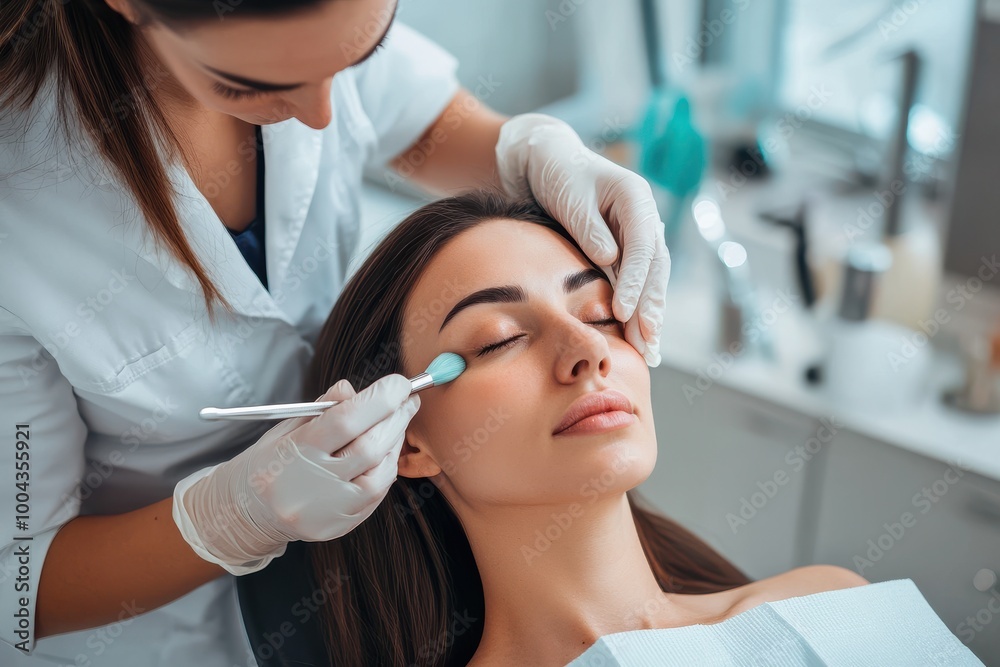 A woman is getting her eyes done by a woman in a white lab coat. The woman in the lab coat is using a brush to apply a blue substance to the woman's eyes A woman is getting her eyes done by a woman in a white lab coat. The woman in the lab coat is using a brush to apply a blue substance to the woman's eyes