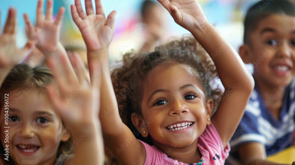 Happy Children Raising Their Hands in Class, Eager to Learn