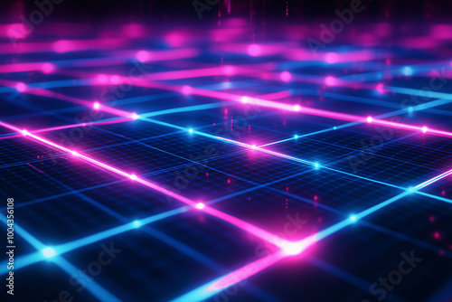 Digital Grid with Neon Highlights – black background with glowing gridlines in neon blue and pink