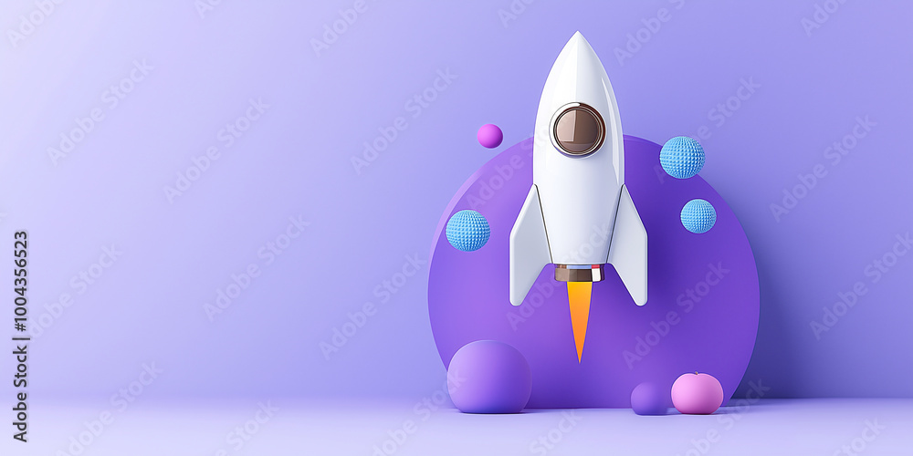 A white rocket with an orange flame launches against vibrant purple background, surrounded by colorful spheres, symbolizing innovation and creativity A white rocket with an orange flame launches against vibrant purple background, surrounded by colorful spheres, symbolizing innovation and creativity