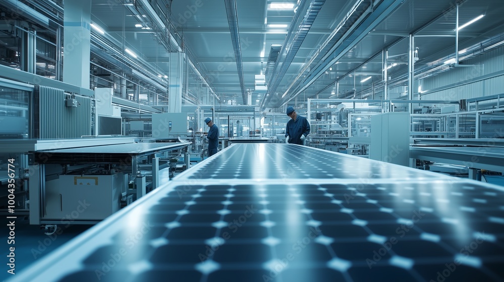 Workers assembling solar panels in a modern manufacturing facility during daylight hours Workers assembling solar panels in a modern manufacturing facility during daylight hours