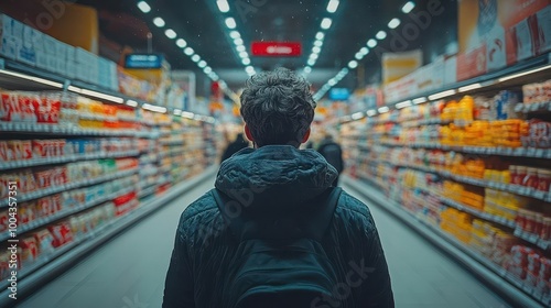 vague and ethereal supermarket aisle completely blurred to create an abstract ambiance evoking feelings of disorientation and anonymity in a consumer environment