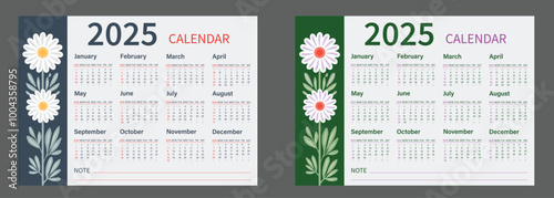 Calendar template for 2025 year. Week starts on Sunday. Vector illustration
