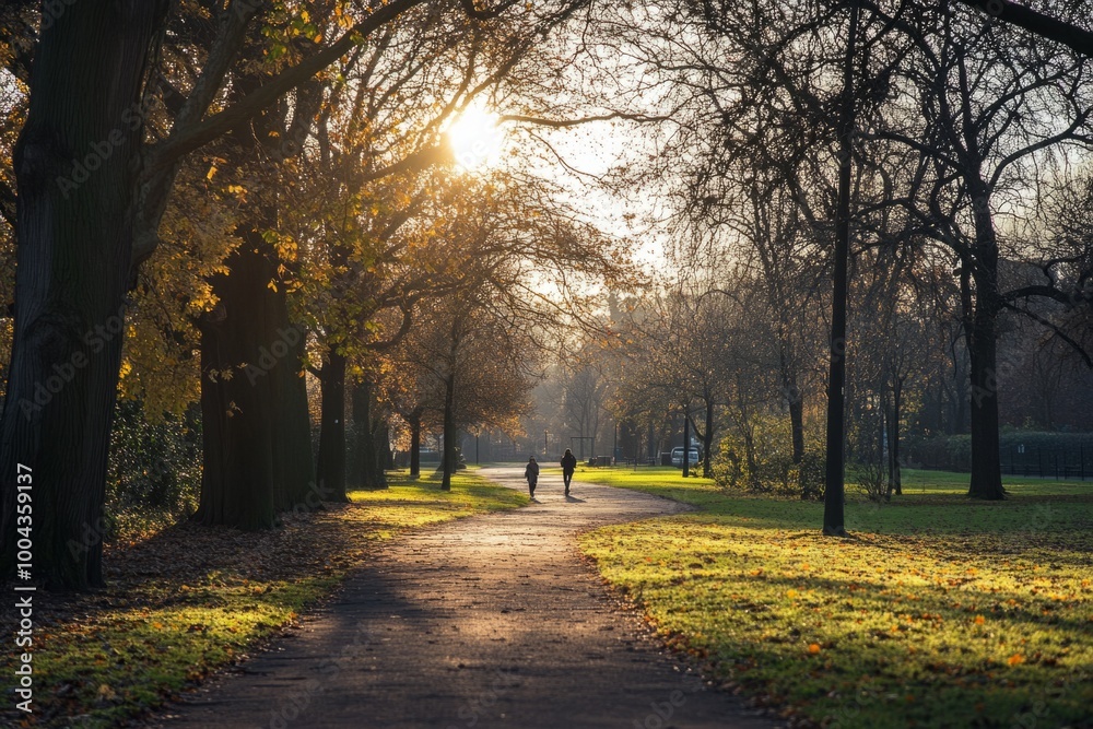 Naklejka premium A serene park path bathed in golden sunlight. Two people stroll peacefully amid vibrant trees and lush grass. This comforting scene evokes tranquility and nature. Generative AI