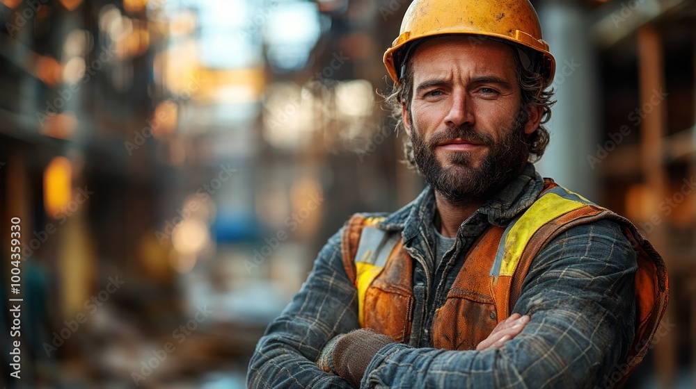 Confident construction worker in a safety helmet at a job site. Confident construction worker in a safety helmet at a job site.