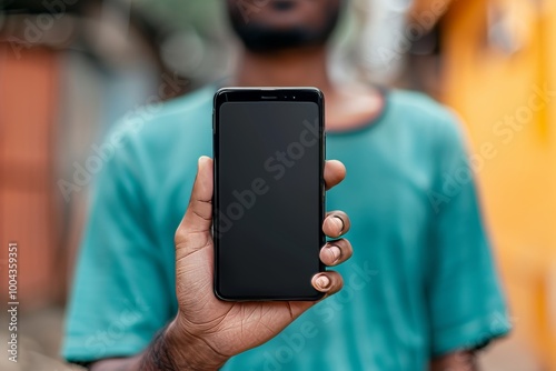 App view indian man in his 20s holding an smartphone with an entirely black screen photo