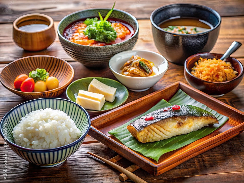 Traditional Japanese Breakfast Foods Featuring Rice, Miso Soup, Grilled Fish, and Pickled Vegetables Traditional Japanese Breakfast Foods Featuring Rice, Miso Soup, Grilled Fish, and Pickled Vegetables