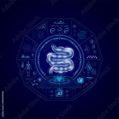 Health care medical technology. Human small intestine on CT or MRI Scan. Ultrasound analysis organ. Diagnosis treatment of magnetic resonance radiologist concept. Hi tech digital interface vector.