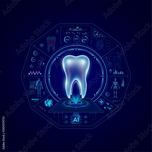 Health care medical technology. Human tooth on CT or MRI Scan. Ultrasound analysis organ. Diagnosis treatment of magnetic resonance radiologist concept. Hologram hi tech digital interface vector.