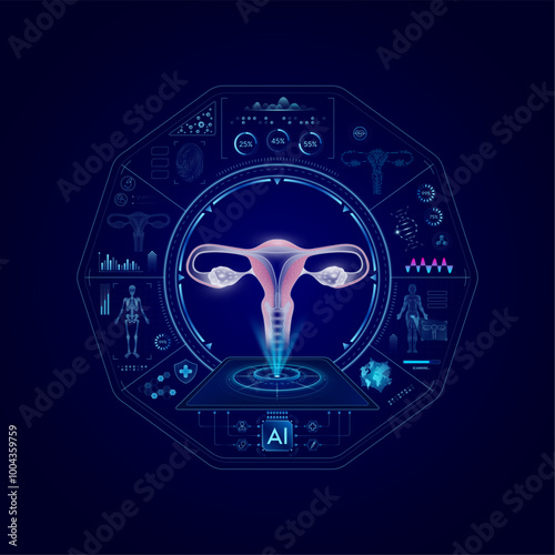 Health care medical technology. Human uterus on CT or MRI Scan. Ultrasound analysis organ. Diagnosis treatment of magnetic resonance radiologist concept. Hologram hi tech digital interface vector.