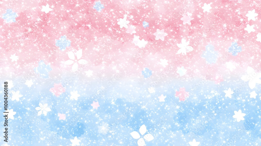 Pink and Blue Watercolor Background with White Flowers and Glitter Pink and Blue Watercolor Background with White Flowers and Glitter