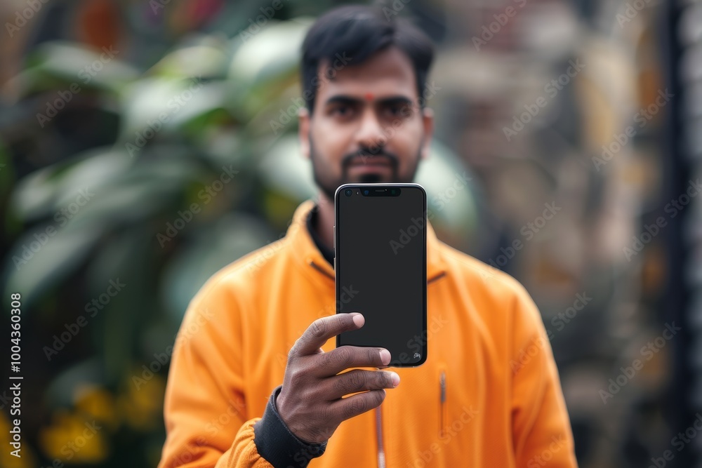 Display mockup indian man in his 40s holding an smartphone with an entirely black screen Display mockup indian man in his 40s holding an smartphone with an entirely black screen