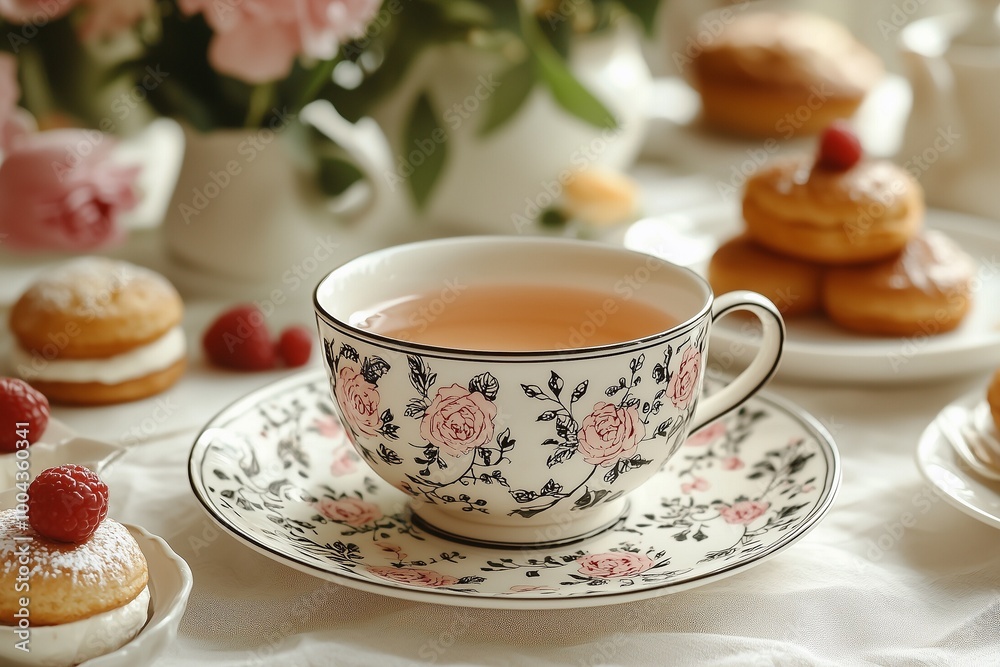 Delicate Floral Tea Set Surrounded by Pastries and Desserts for Elegant Afternoon Tea Delicate Floral Tea Set Surrounded by Pastries and Desserts for Elegant Afternoon Tea