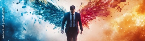 Businessperson Emerging with Vibrant Wings of Innovation and Reinvention photo