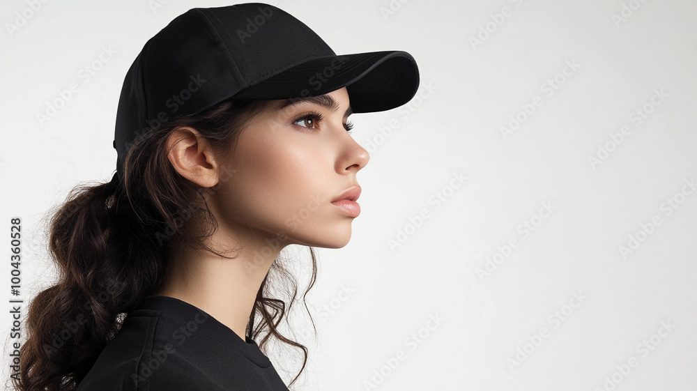 a woman wearing a black cap mockup isolated on white background a woman wearing a black cap mockup isolated on white background