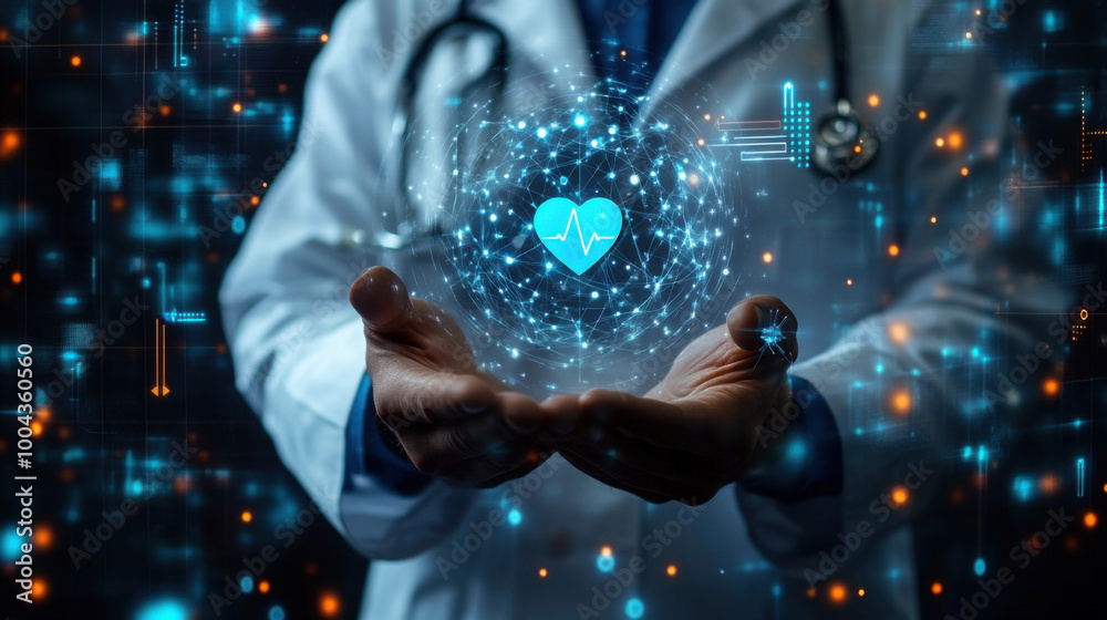 A doctor holds an icon representing health and an electronic medical record on a virtual interface, discussing digital healthcare and network connections A doctor holds an icon representing health and an electronic medical record on a virtual interface, discussing digital healthcare and network connections