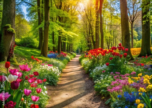 Tranquil Spring Walk Through Blooming Nature Trails with Colorful Flowers and Lush Greenery Surrounding