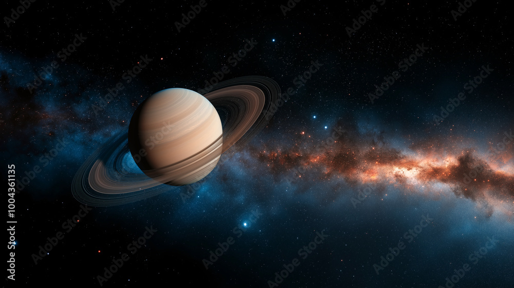 Saturn majestically suspended in cosmic expanse, surrounded by its iconic rings and backdrop of stars and galaxies, creating breathtaking celestial scene Saturn majestically suspended in cosmic expanse, surrounded by its iconic rings and backdrop of stars and galaxies, creating breathtaking celestial scene
