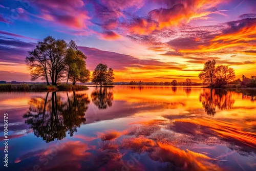 Tranquil Sunset over Serene Lake with Reflection and Silhouetted Trees in Vibrant Orange and Purple Hues