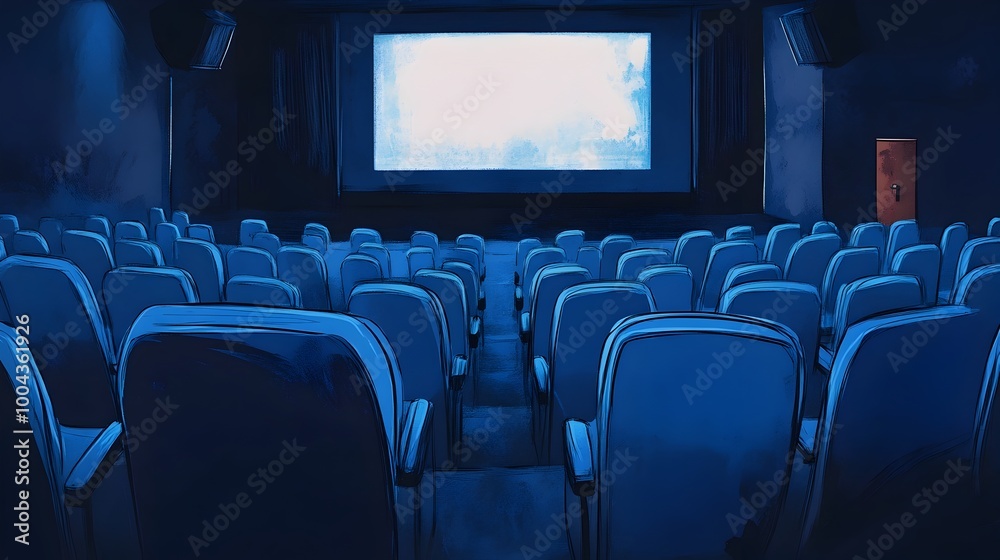 Empty Blue Seating Rows in a Movie Theater Auditorium Before a Film Screening