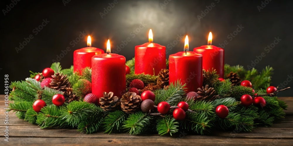 Festive Advent Wreath with Red Candles for Christmas Decoration and Celebration Festive Advent Wreath with Red Candles for Christmas Decoration and Celebration