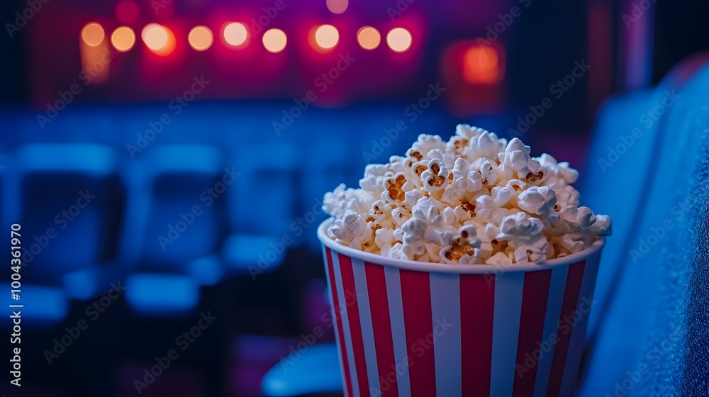 Delicious Popcorn in Striped Container at Movie Theater Delicious Popcorn in Striped Container at Movie Theater