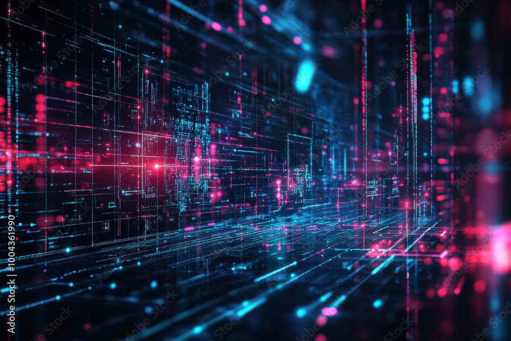 Fototapeta premium A vibrant digital landscape filled with neon lights and abstract patterns representing data flow and technology's evolution at night. Generative AI