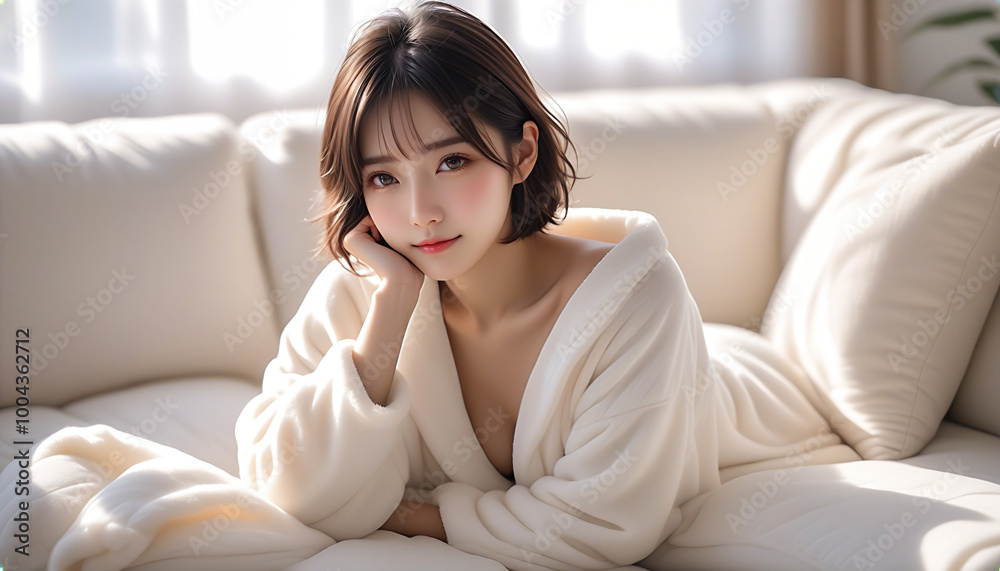 A beautiful woman relaxing on a white sofa in a living room with the morning sun shining in. Loungewear. Fluffy pajamas. Winter atmosphere.朝日の差し込むリビングルームの白色のソファでくつろぐ綺麗な女性。部屋着。モコモコのパジャマ。冬の雰囲気。 A beautiful woman relaxing on a white sofa in a living room with the morning sun shining in. Loungewear. Fluffy pajamas. Winter atmosphere.朝日の差し込むリビングルームの白色のソファでくつろぐ綺麗な女性。部屋着。モコモコのパジャマ。冬の雰囲気。
