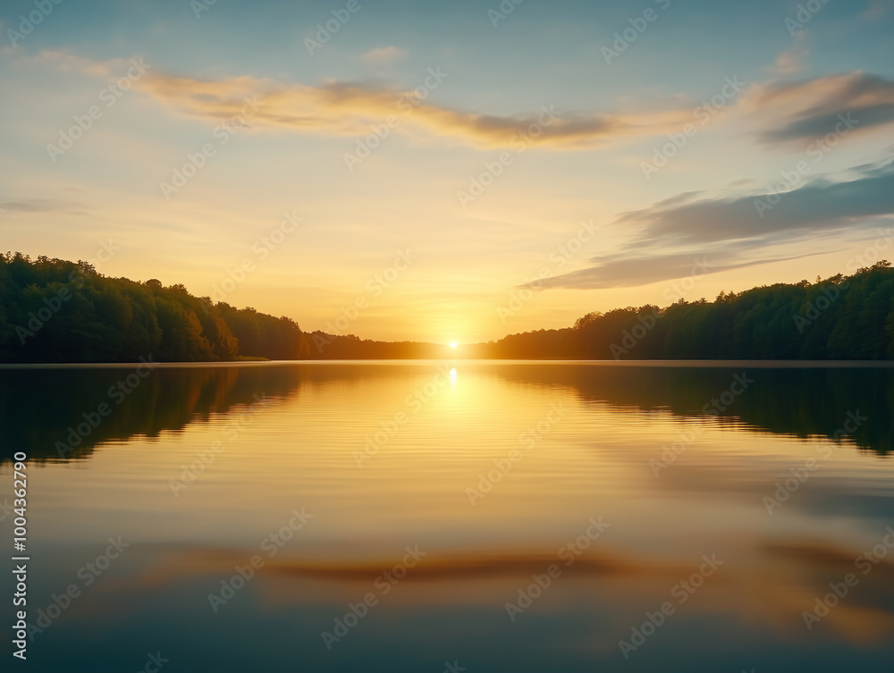 A beautiful sunset over a lake with trees in the background A beautiful sunset over a lake with trees in the background