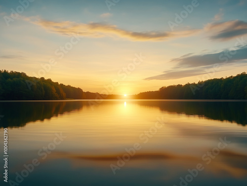 A beautiful sunset over a lake with trees in the background 
